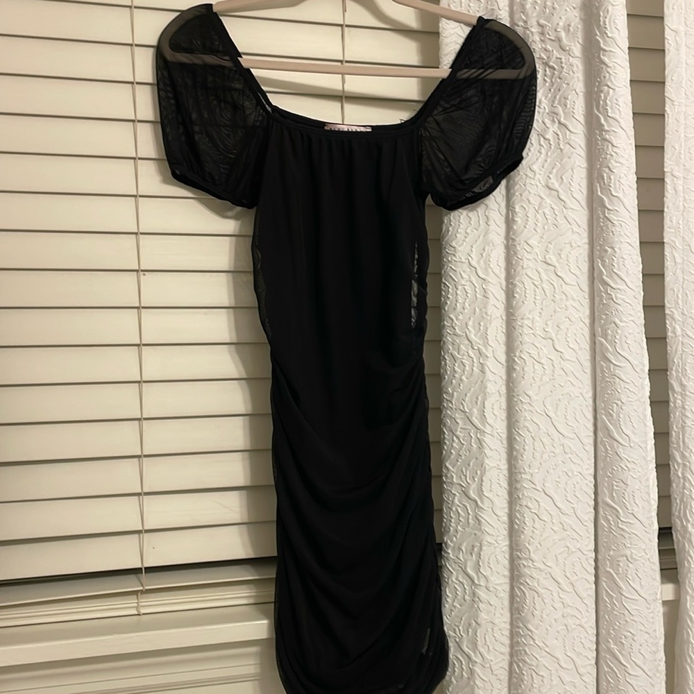 Mini black dress mesh and rouching on side